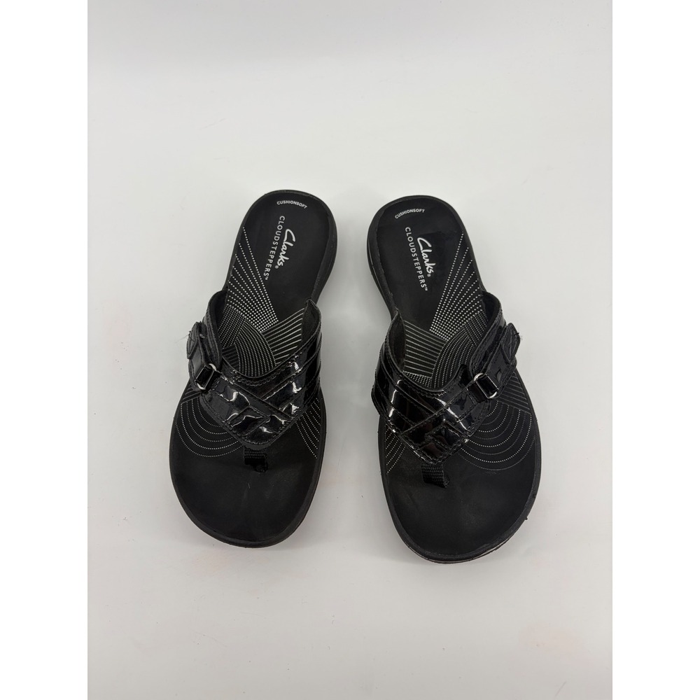 Clarks Womens 7 Black Cloudsteppers Flip Flop Sandals Patent Adjustable Strap - Picture 4 of 7